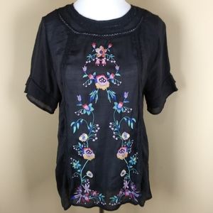Umgee Sheer Black Top Embroidered Floral Boho